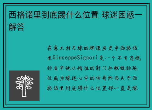 西格诺里到底踢什么位置 球迷困惑一解答