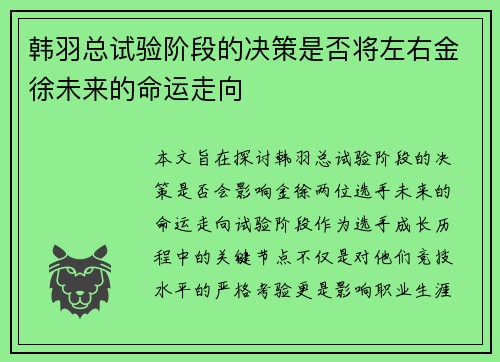 韩羽总试验阶段的决策是否将左右金徐未来的命运走向