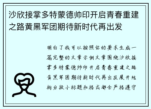 沙欣接掌多特蒙德帅印开启青春重建之路黄黑军团期待新时代再出发