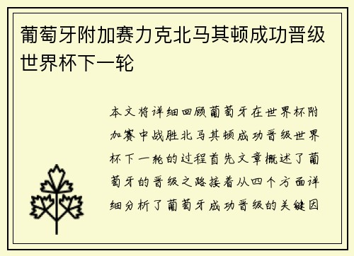 葡萄牙附加赛力克北马其顿成功晋级世界杯下一轮